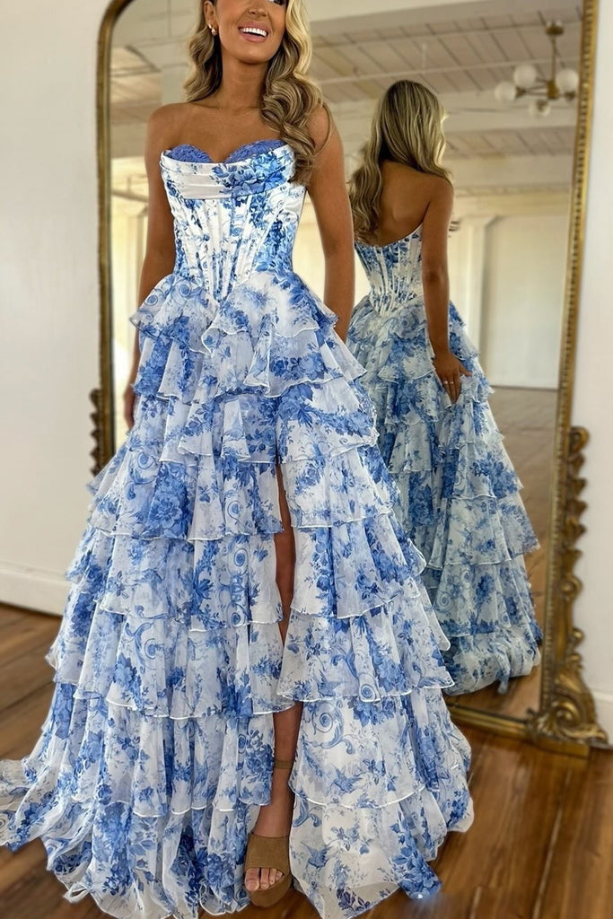 Cute A Line Sweetheart Floral Printed Chiffon Long Prom Dress with Slit