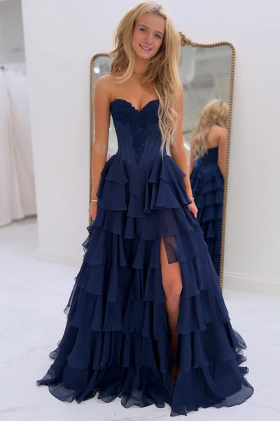 Cute A Line Sweetheart Navy Chiffon Prom Dress with Appliques AB26012510