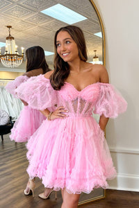 Cute A Line Sweetheart Tiered Pink Tulle Short Homecoming Dresses AB24090607-1