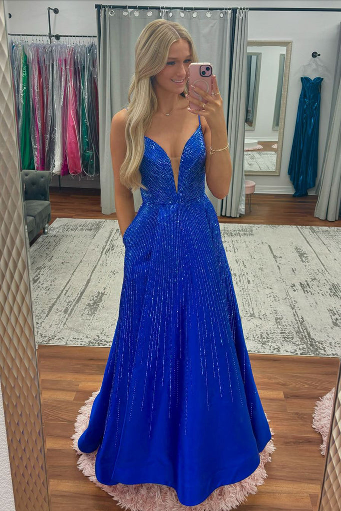 Cute A Line V Neck Royal Blue Sequins Lace Prom Dresses