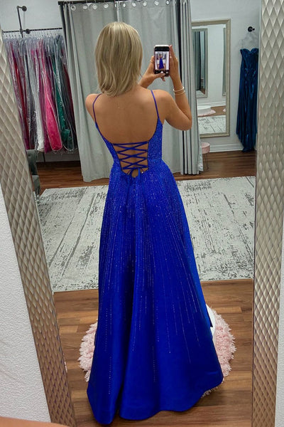Cute A Line V Neck Royal Blue Satin Prom Dresses with Beadings AB24091401-2