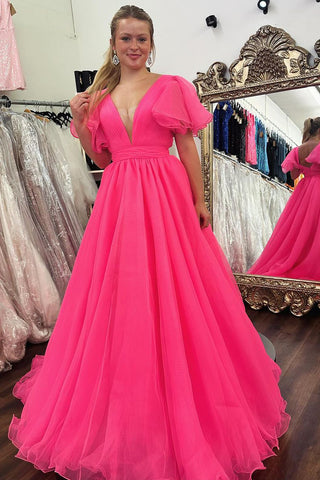 Cute Ball Gown V Neck Pink Tulle Long Prom Dresses with Ruffled Sleeves AB24091003-1
