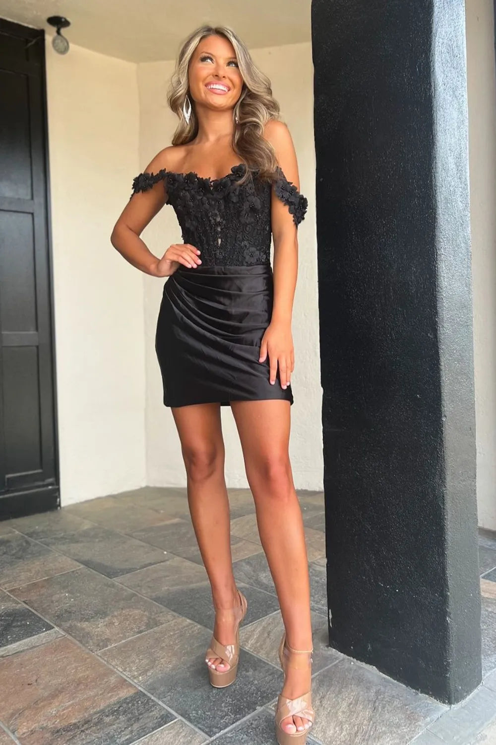 Cute Bodycon Satin Tight Short Homecoming Dresses with Appliques AB24083103-1