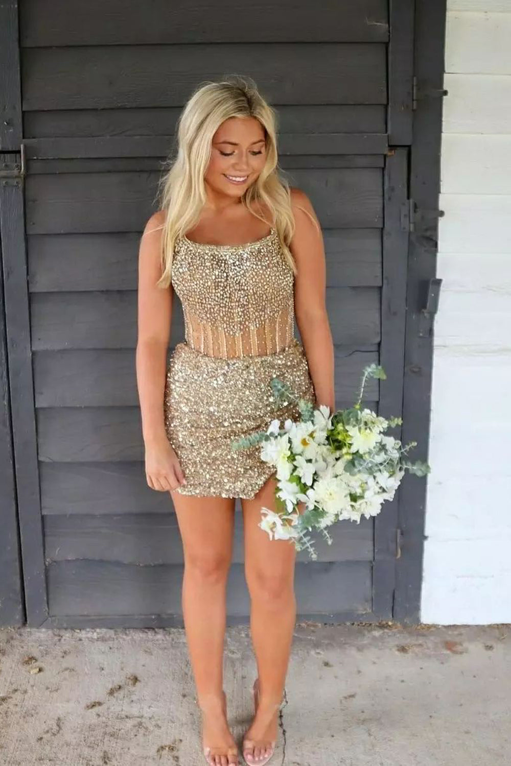 Cute Bodycon Strapless Gold Sequins Slit Homecoming Dresses with Beading AB24091005 Anniebride