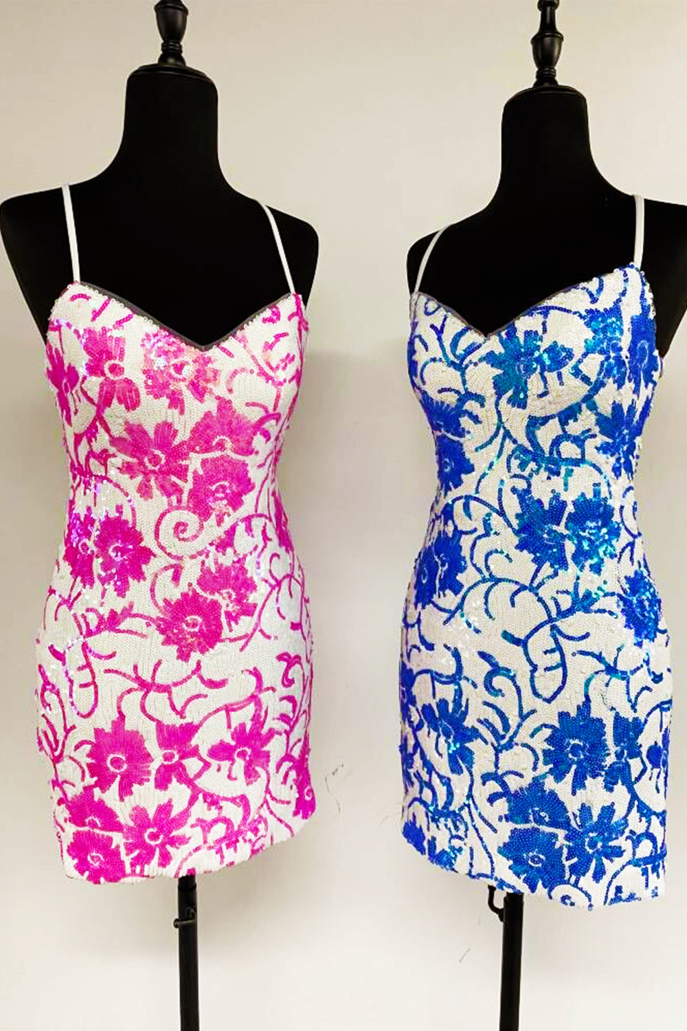 Cute Bodycon Straps Hot Pink Sequins Homecoming Dresses with Lace-up Back AB24081403-1