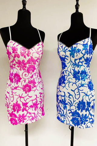 Cute Bodycon Straps Hot Pink Sequins Homecoming Dresses with Lace-up Back AB24081403-1
