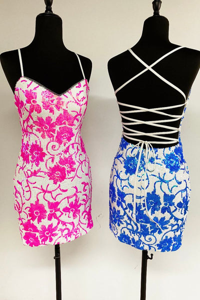 Cute Bodycon Straps Hot Pink Sequins Homecoming Dresses with Lace-up Back AB24081403-2