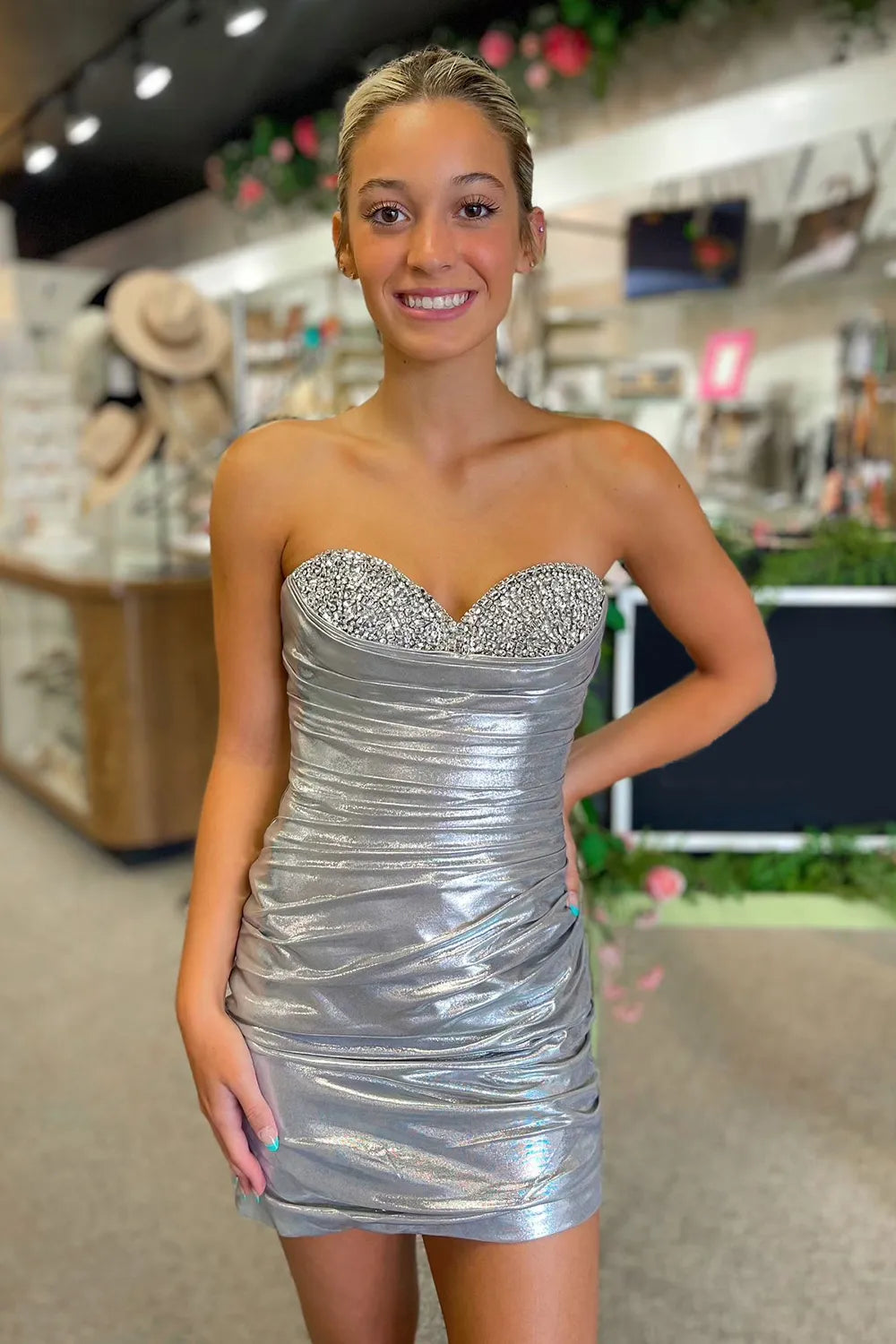 Cute Bodycon Sweetheart Silver Satin Homecoming Dresses with Beading AB24080304