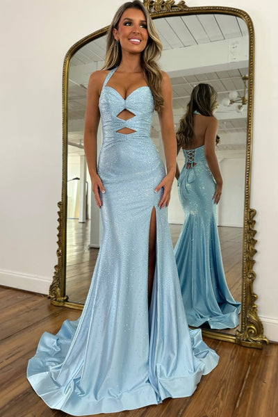 Cute Mermaid Sweetheart Neck Light Blue Hot Fix Satin Prom Dress with Slit 