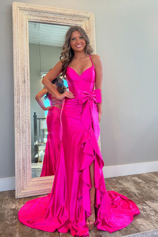 Cute Mermaid V Neck Pink Satin Long Prom Dresses with Bow AB24103004-1