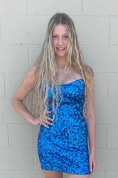 Cute Scoop Neck Royal Blue Sequins Tight Short Homecoming Dresses AB24090301-2