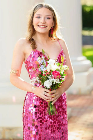 Cute Sparkly Bodycon V Neck Fuchsia Short Homecoming Dresses AB24080305-1