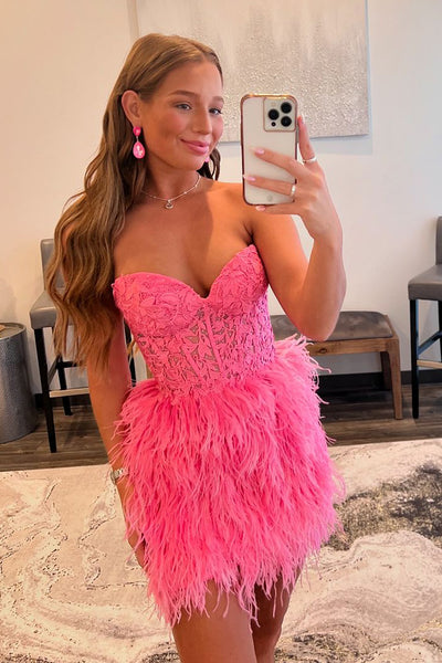 Cute Sweetheart Hot Pink Feather Short Homecoming Dresses with Lace-up Back AB24090606-3