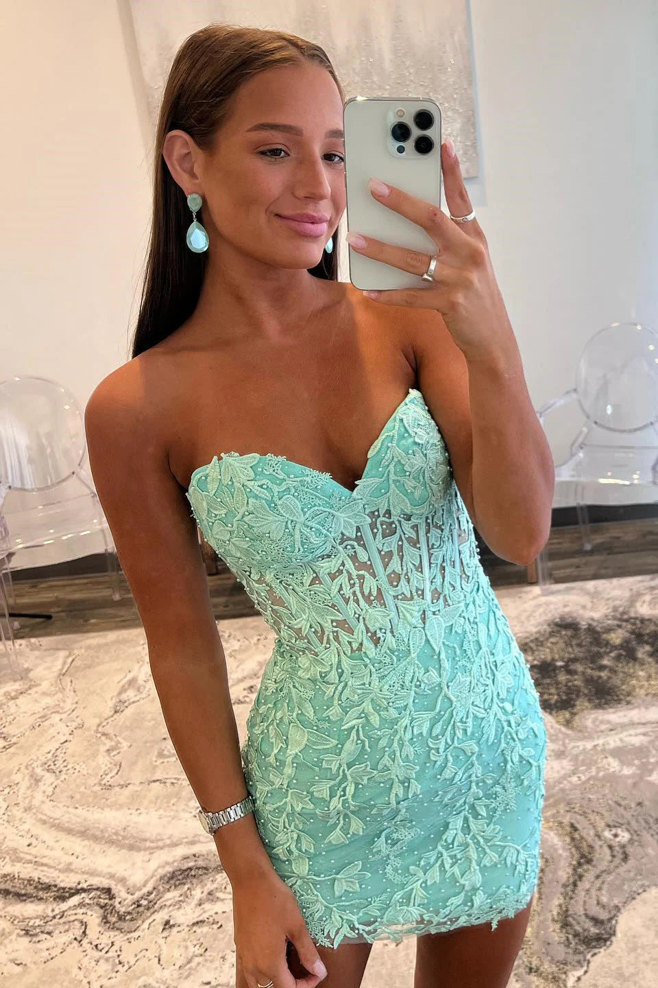 Cute Sweetheart Mint Lace Short Tight Homecoming Dresses with Beading AB4083009 Anniebride Cute Sweetheart Mint Lace Short Tight Homecoming Dresses with Beading AB4083009 Anniebride