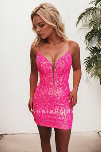 Cute V Neck Hot Pink Sequins Lace Short Tight Homecoming Dresses AB4083011-1