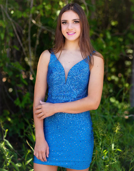 Cute V Neck Royal Blue Sparkly Tight Homecoming Dresses AB24082307-3