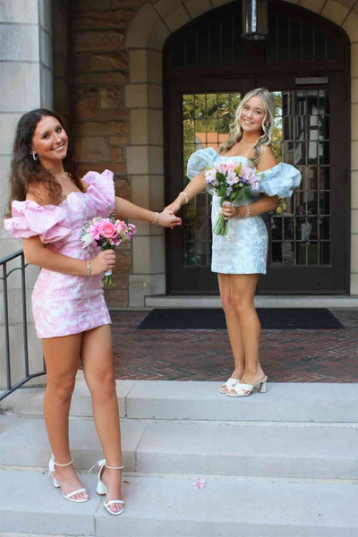 Detachable Puff Sleeve Pink Jacquard Satin Short Dress