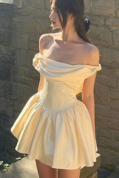 Cute A Line Off-Shoulder Empire-Waist Satin Short Homecoming Dress AB260616