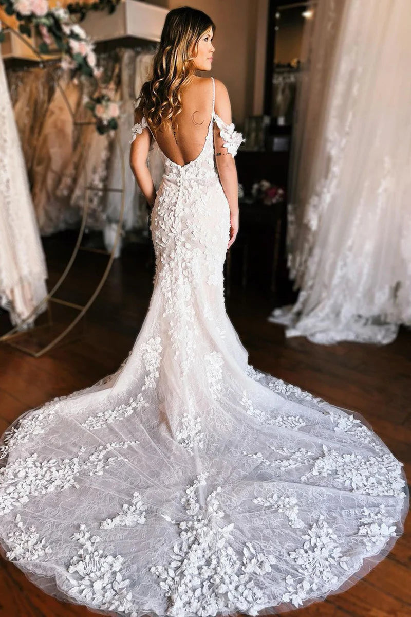 Elegant Mermaid Off the Shoulder Lace Wedding Dresses AB4091206 Anniebride Elegant Mermaid Off the Shoulder Lace Wedding Dresses AB4091206 Anniebride