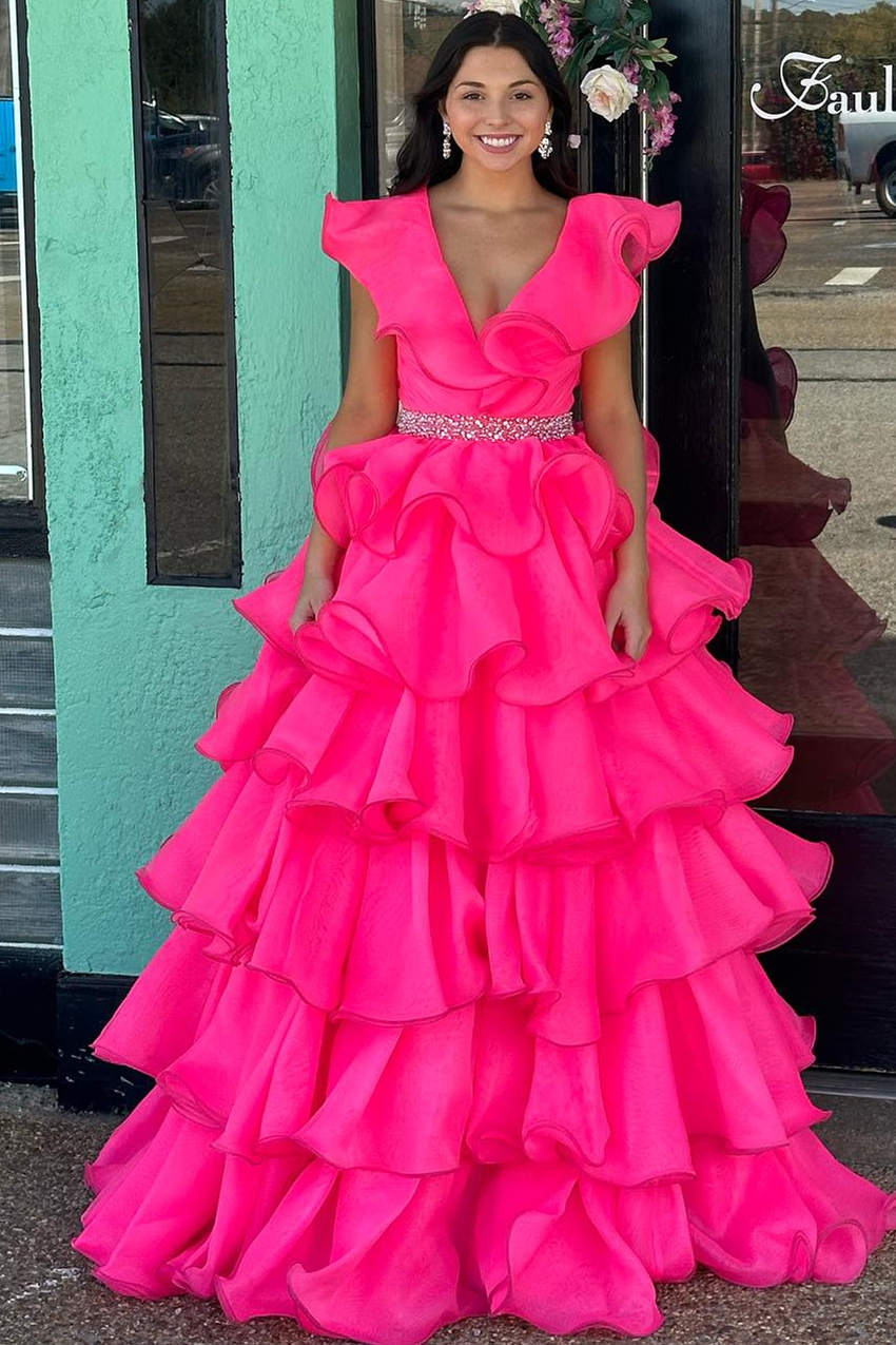 Fairy A Line Hot Pink V-Neck Ruffle Tiered Long Prom Dresses Anniebride Fairy A Line Hot Pink V-Neck Ruffle Tiered Long Prom Dresses Anniebride