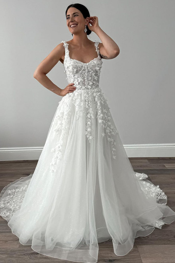 Fairy A Line Square Neck Tulle Wedding Dresses with 3D Appliques AB4091605 Anniebride Fairy A Line Square Neck Tulle Wedding Dresses with 3D Appliques AB4091605 Anniebride
