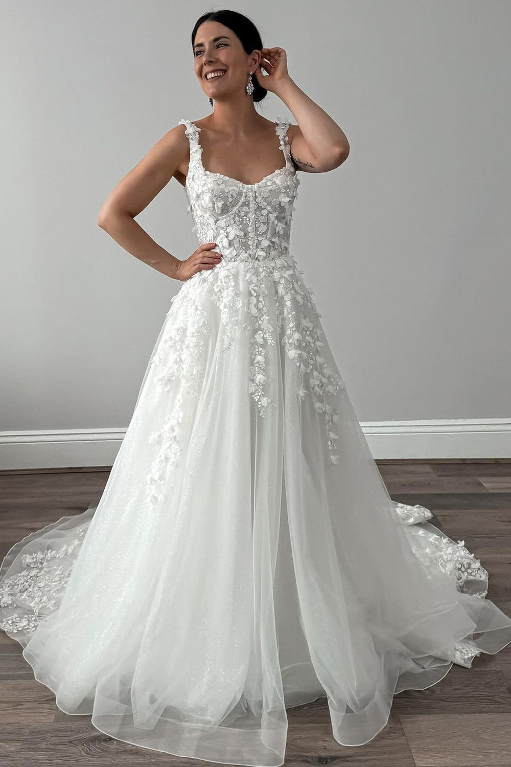 Fairy A Line Square Neck Tulle Wedding Dresses with 3D Appliques AB4091605 Anniebride Fairy A Line Square Neck Tulle Wedding Dresses with 3D Appliques AB4091605 Anniebride