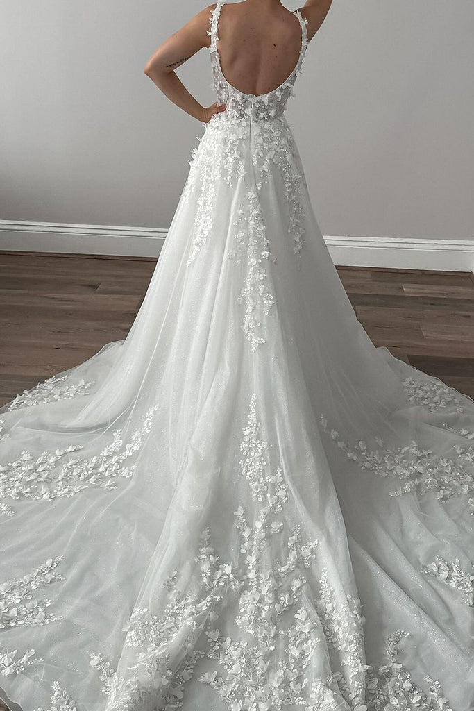 unique a line wedding dresses Berylove Women Ivory A-Line Lace Wedding Dress Satin Square Neck Long Sleeve Bridal Gown Dress With Slit, Ivory / US18W main image 0
