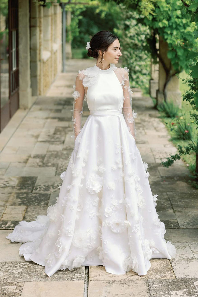 satin ball gown wedding dresses Fairy Ball Gown Satin Wedding Dresses with 3D Flowers AB24090503 – Anniebride
