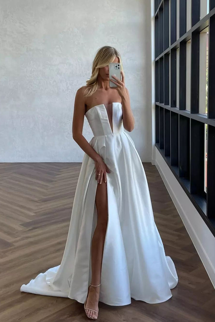 Fashion Simple A Line V Neck Twill Satin Wedding Dresses with Slit AB24090702 Fashion Simple A Line V Neck Twill Satin Wedding Dresses with Slit AB24090702