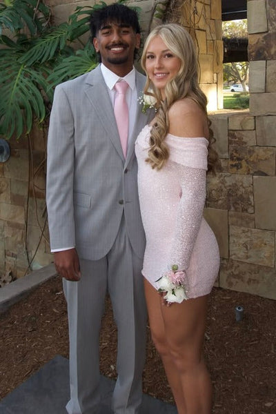 Pink Off-Shoulder Sequined Long Sleeves Tight Homecoming Dress
