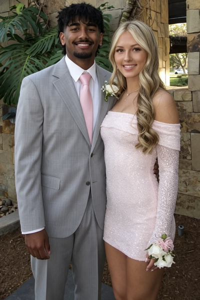 Pink Off-Shoulder Sequined Long Sleeves Tight Homecoming Dress