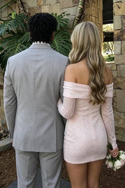 Pink Off-Shoulder Sequined Long Sleeves Tight Homecoming Dress