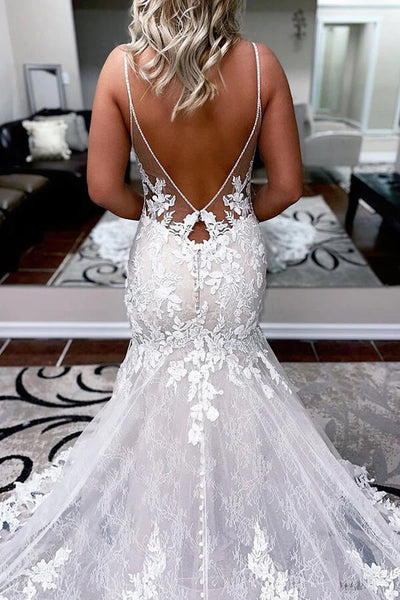 Charming Mermaid V Neck Lace Wedding Dresses with Appliques AB100302