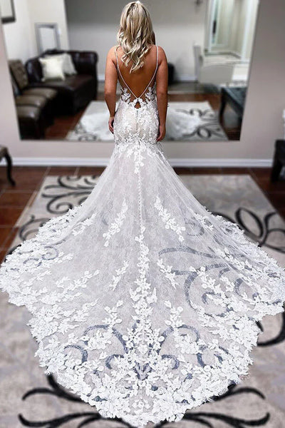 Charming Mermaid V Neck Lace Wedding Dresses with Appliques AB100302