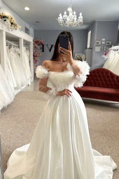 Gorgeous Ball Gown Strapless Satin Wedding Dresses with Sleeves AB24090902-2
