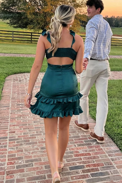 Sheath V-Neck Sleeveless Satin Ruffles Short Homecoming Dress