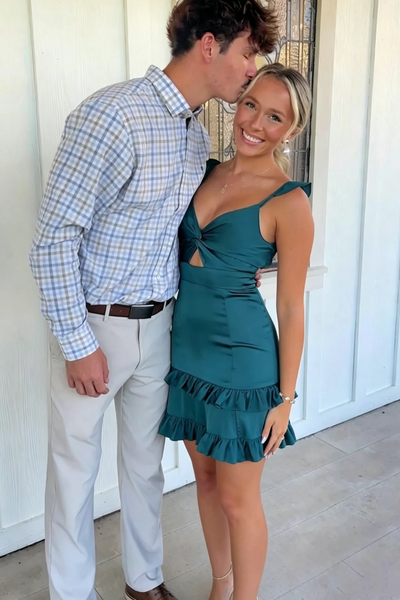 Sheath V-Neck Sleeveless Satin Ruffles Short Homecoming Dress