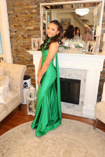 Halter Emerald Green Open Back Mermaid Long Evening Dress
