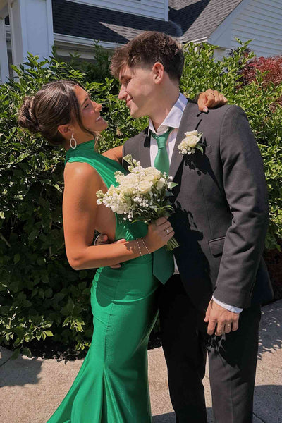Halter Emerald Green Open Back Mermaid Long Evening Dress