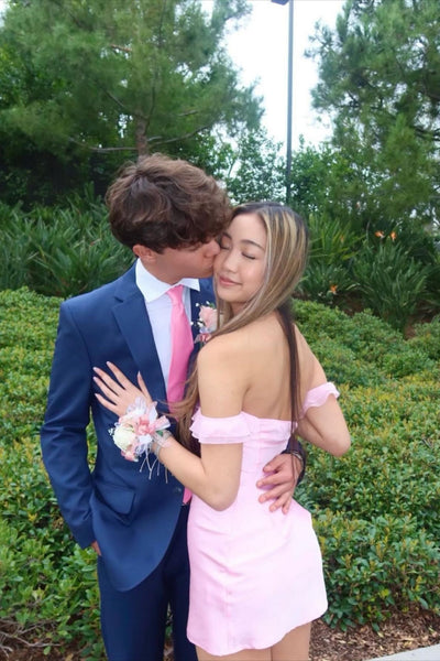 Cute Off the Shoulder Pink Satin Sheath Short Homecoming Dress