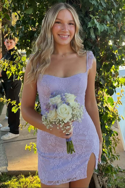 Lilac Double Straps Lace Bodycon Short Homecoming Dress with Slit