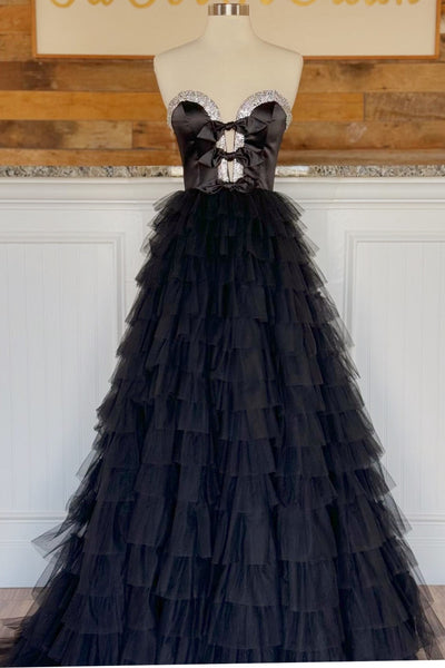 Cute Ball Gown Black Sweetheart Ruffle Long Prom Dress with Slit