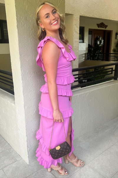 Chic Sheath Square Neck Ruffle Midi Dress with Slit in Fuchsia