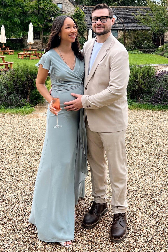 Chic A Line Dusty Blue Chiffon Slit Bridesmaid Dress with Flared Sleev Anniebride Chic A Line Dusty Blue Chiffon Slit Bridesmaid Dress with Flared Sleev Anniebride