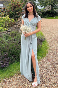 Chic A Line Dusty Blue Chiffon Slit Bridesmaid Dress with Flared Sleev – Anniebride