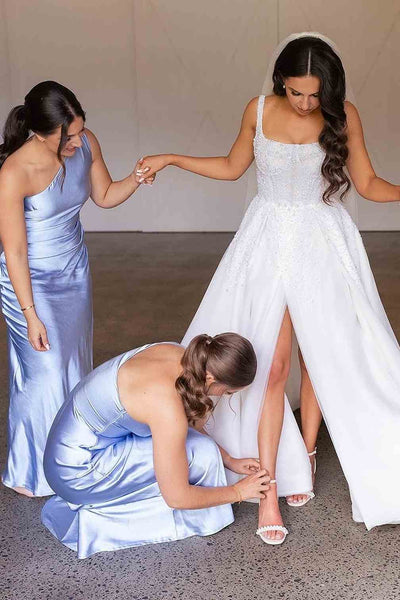 Charming One Shoulder Sleeveless Silk Satin Long Bridesmaid Dresses