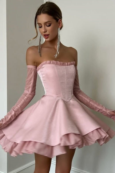 Modest Pink A-Line Strapless Puffy Short Homecoming Party Dress