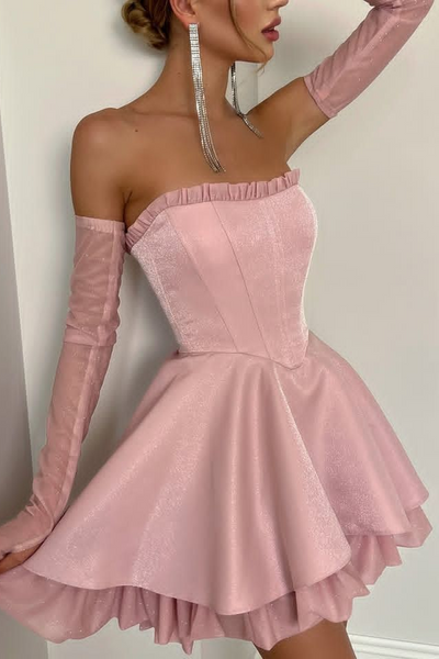 Modest Pink A-Line Strapless Puffy Short Homecoming Party Dress
