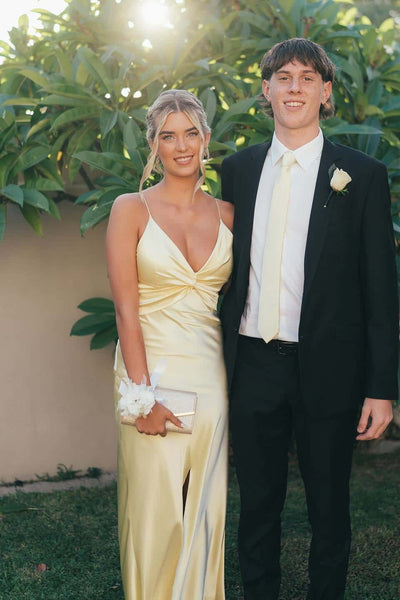 Sheath Straps Yellow Twist V Neck Long Party Dress