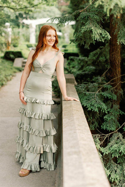 Chic Sheath V Neck Sage Green Silk Satin Tiedred Maxi Dress
